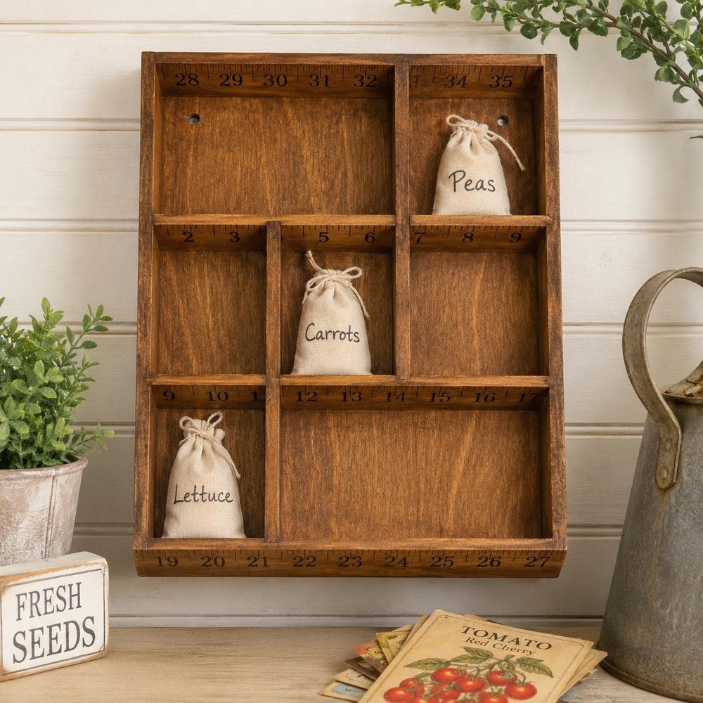 VTG Wooden Wall Organizer Seed Storage Tray Primitive Farmhouse Ruler Box Decor